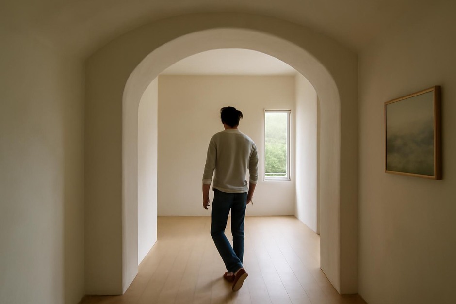 Interior showing a low vaulted ceiling over a corridor opening into a taller room